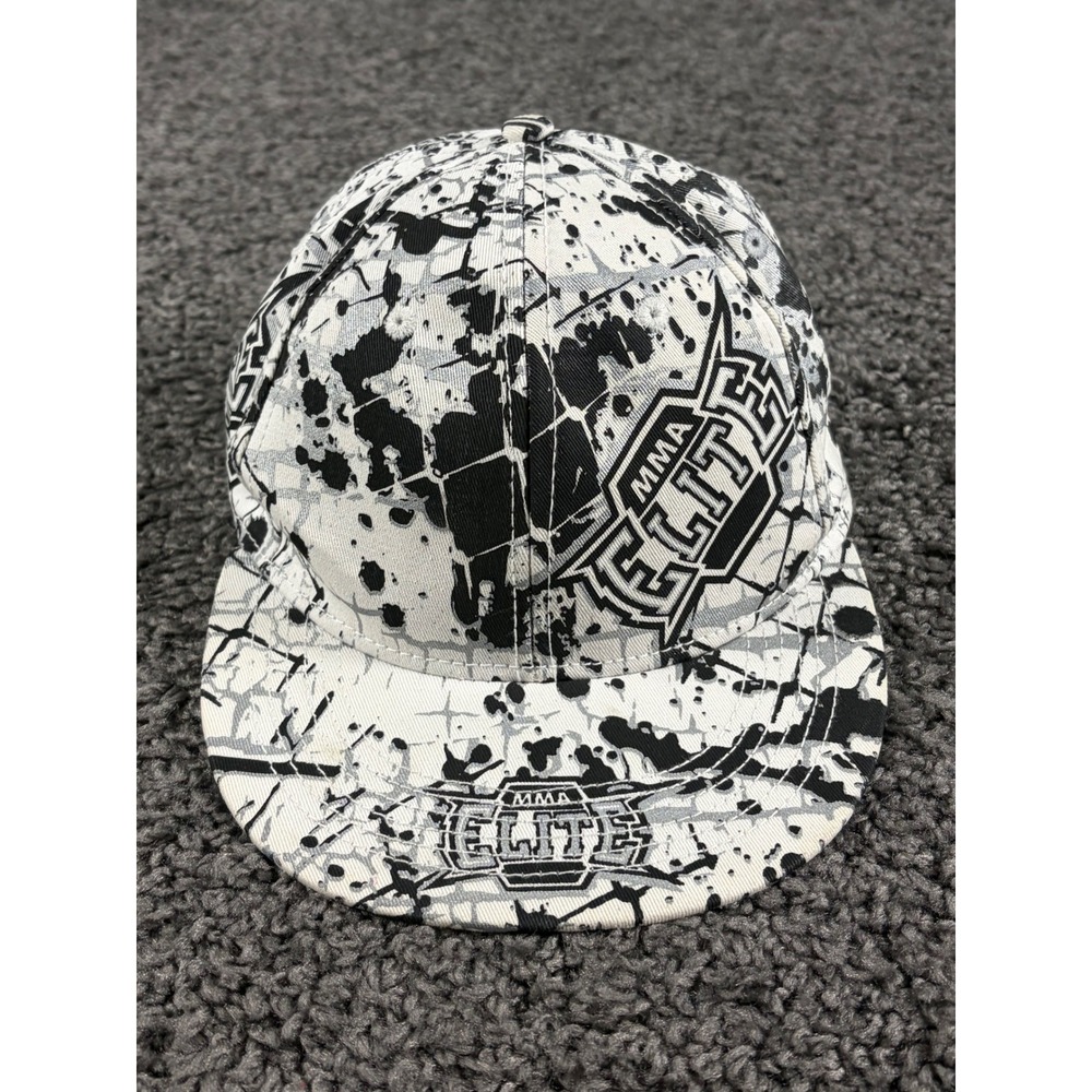 MMA Elite Hat Mens L/XL White Black Paint Splatter Y2K Flat Brim Fitted Cap
